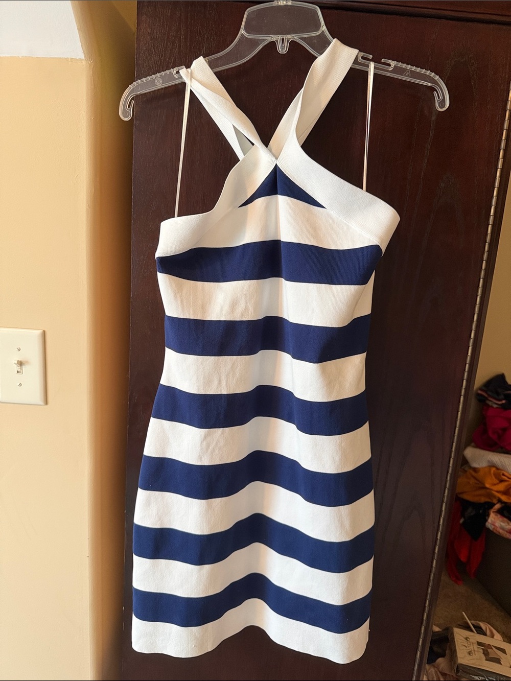 One-Shoulder Navy and White Striped Sheath Dress